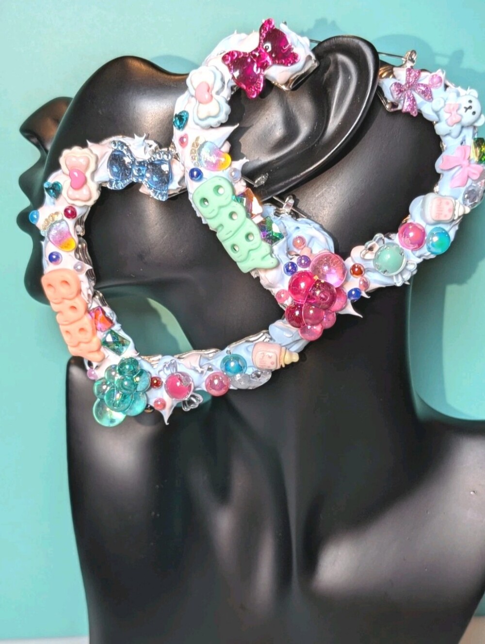 Hand Crafted Decoden Pastel Blue & Pink Baby Charm XL Hoop Earrings For Mom